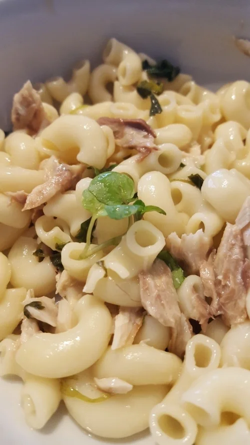 Macaroni, watercress and mackerel fillets - another big success