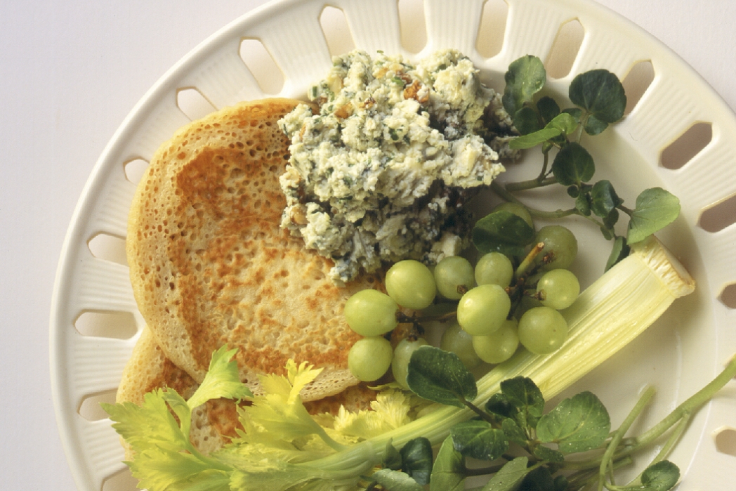 Stilton, walnut and watercress pikelets