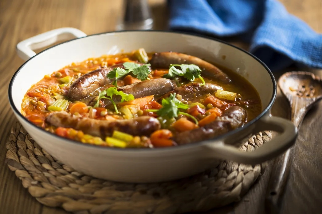 Sausage casserole with watercress mash