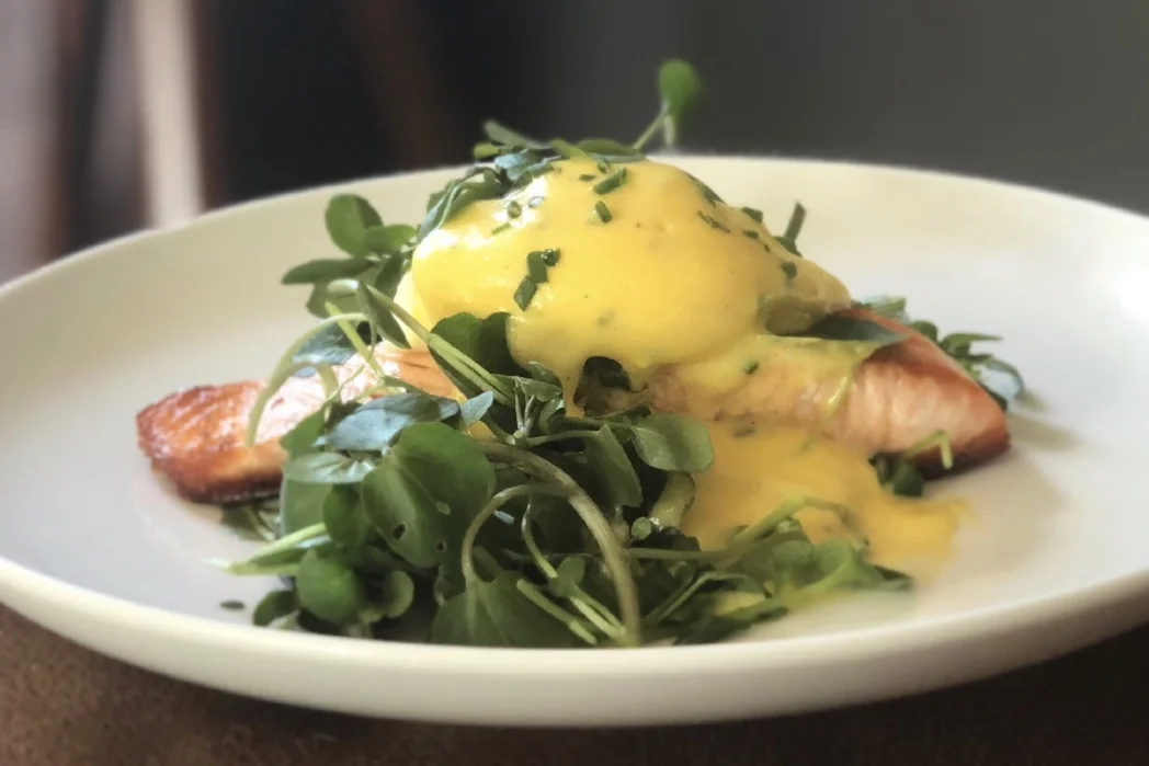 Crispy skin salmon with watercress, poached egg and hollandaise .jpg