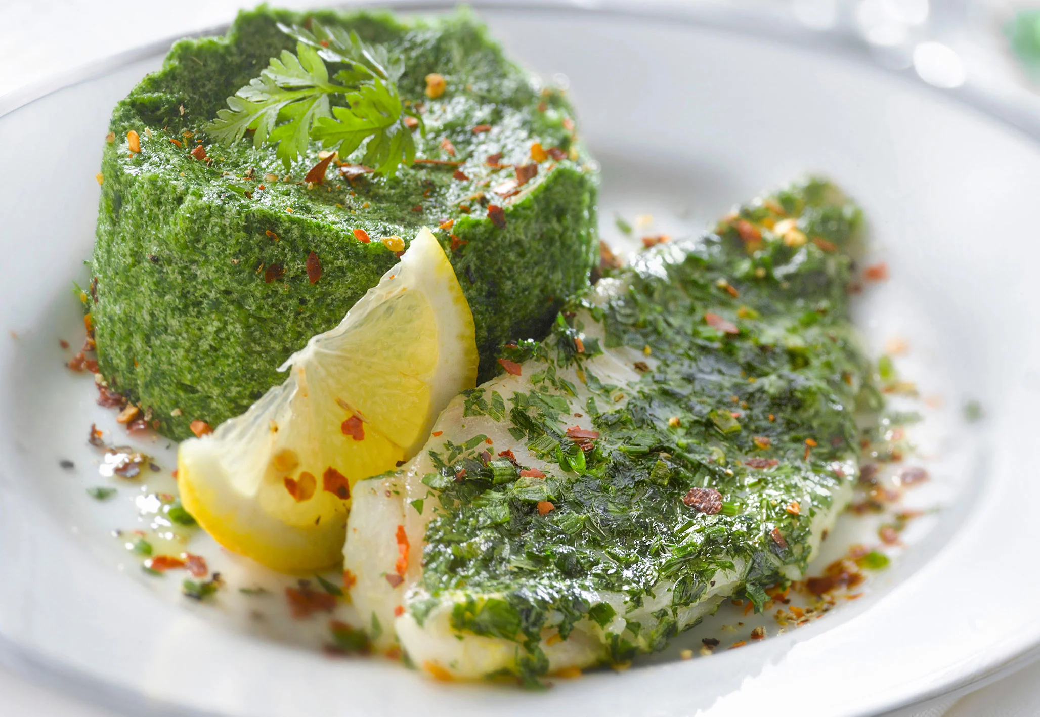 Steamed fillet of halibut with watercress mousse