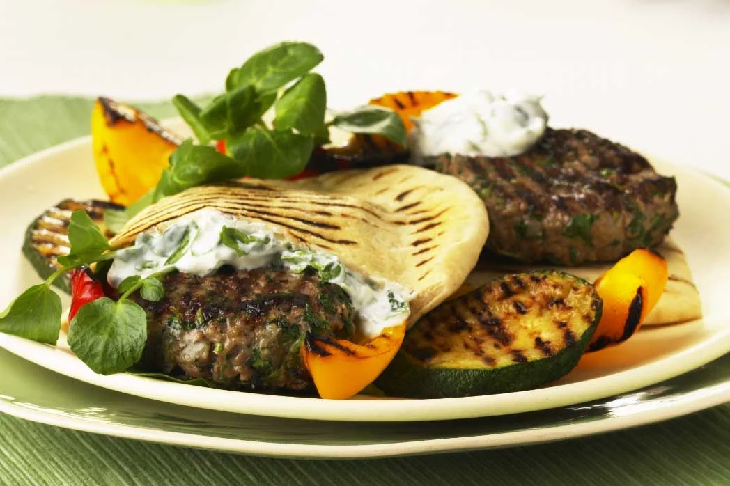 Lamb and watercress burgers with chargrilled veg