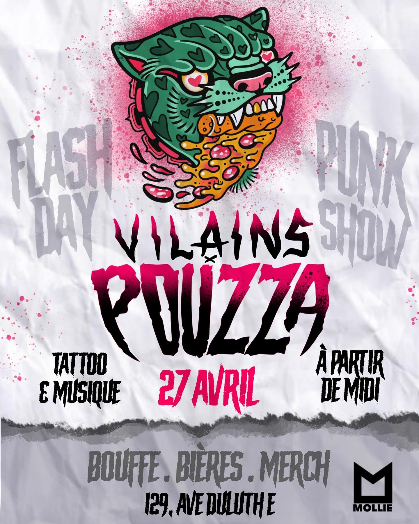 ✨VILAINS x POUZZA✨
Flashs (part I)!
CE SAMEDI 27 AVRIL D&Egrave;S MIDI!

FLASH DAY
D&egrave;s midi, un flash day &agrave; th&eacute;matique punk/fast food!
Flashs uniques par les artistes de Tatouage Vilains.
Tentez aussi votre chance &agrave; notre 