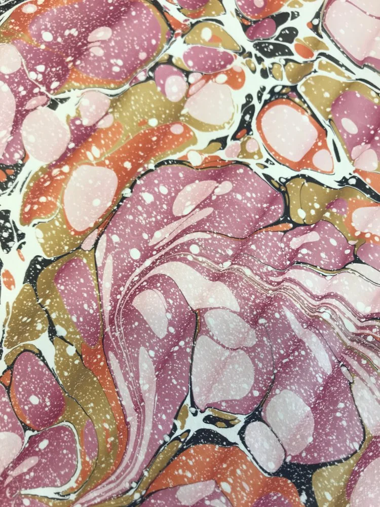 A sample of Jemma’s marbled papers in a pink ‘flower power’ pattern.