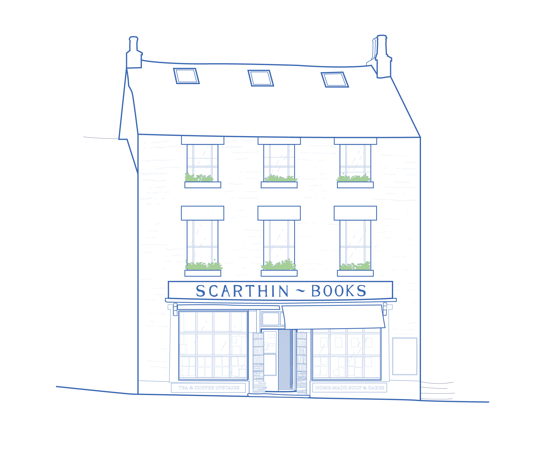 A blue and white architectural illustration of Scarthin Books house in Cromford, Derbyshire.