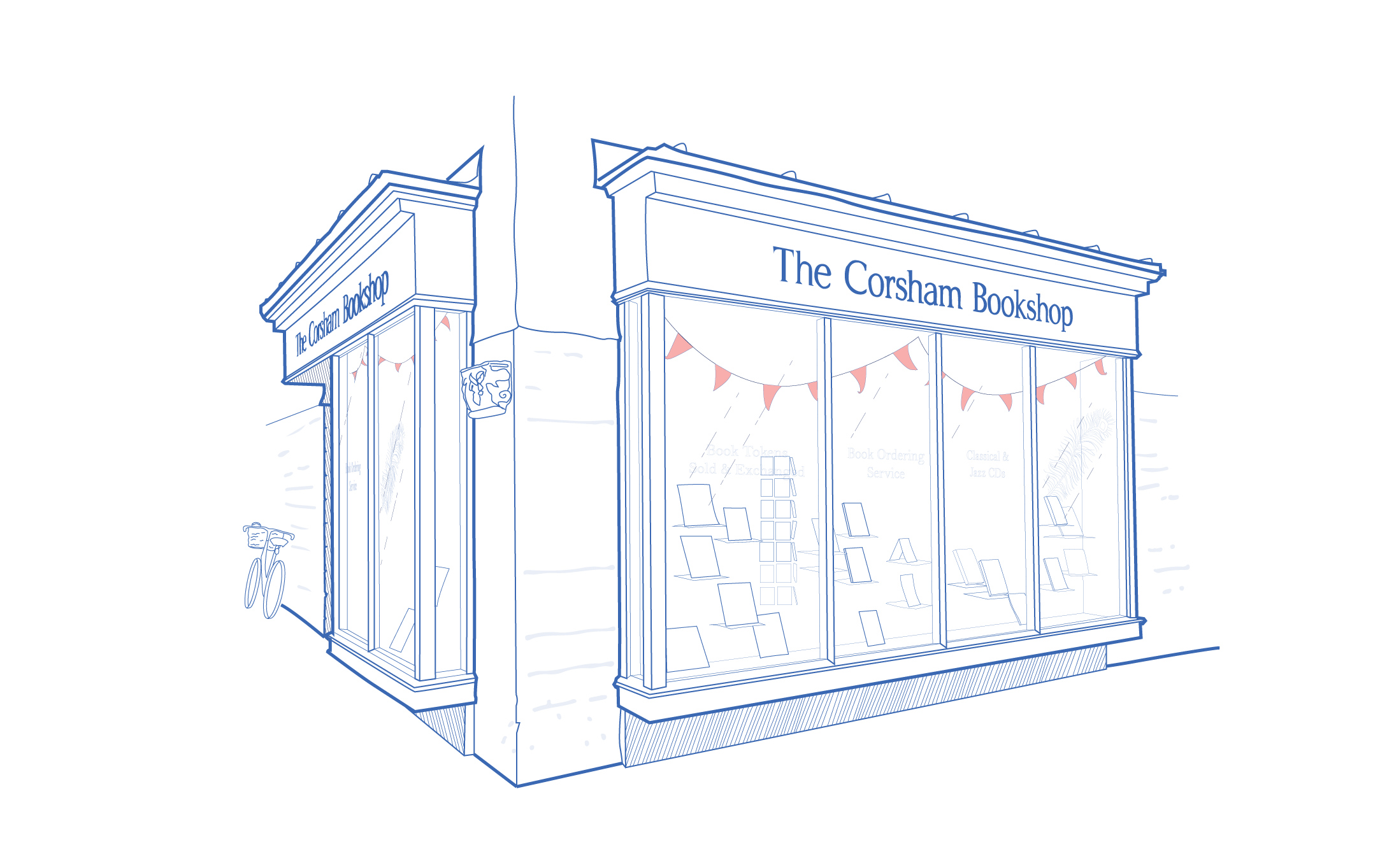 A blue and white architectural illustration of The Corsham Bookshop in Corsham, Wiltshire.