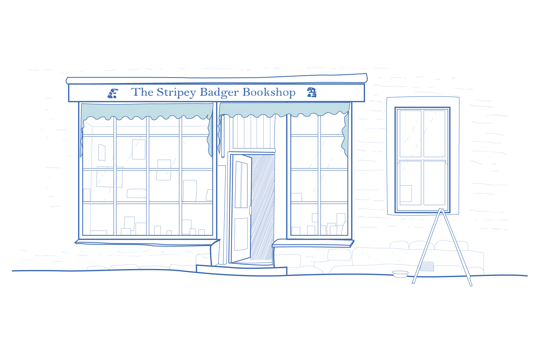 A blue and white architectural illustration of The Stripey Badger Bookshop in Grassington, North Yorkshire.