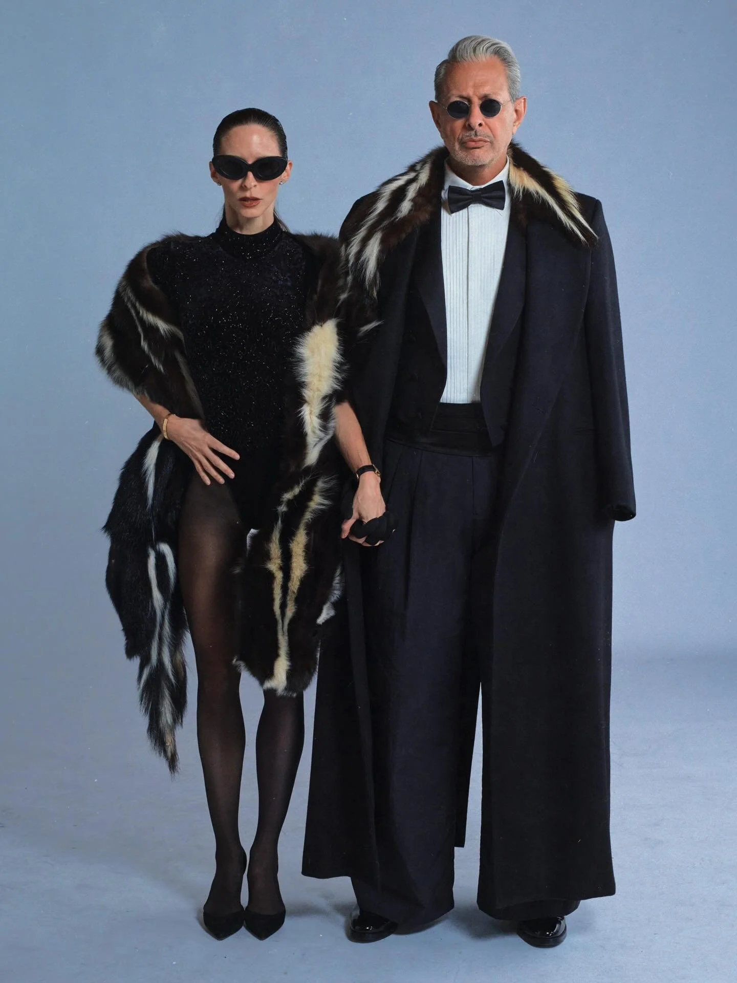 Jeff and Emilie Goldblum in full ERL Artisanal 
Designed by @elirusselllinnetz
Styled by @atvottero 

For the Vanity Fair Oscar Party, Jeff wears an ERL Artisanal floor-length coat in cashmere and wool with ethically sourced, vintage upcycled skunk f