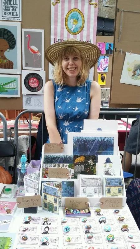 Lynne's Pins for sale on my stall at the illustration fair, Kings Cross, London.