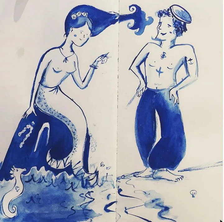 Cheeky mermaid and sailor sketch, freehand using ink became the inspiration behind a design I created for my friends wedding. I think I will use this pair again. They remind me of a Staffordshire pottery figures.