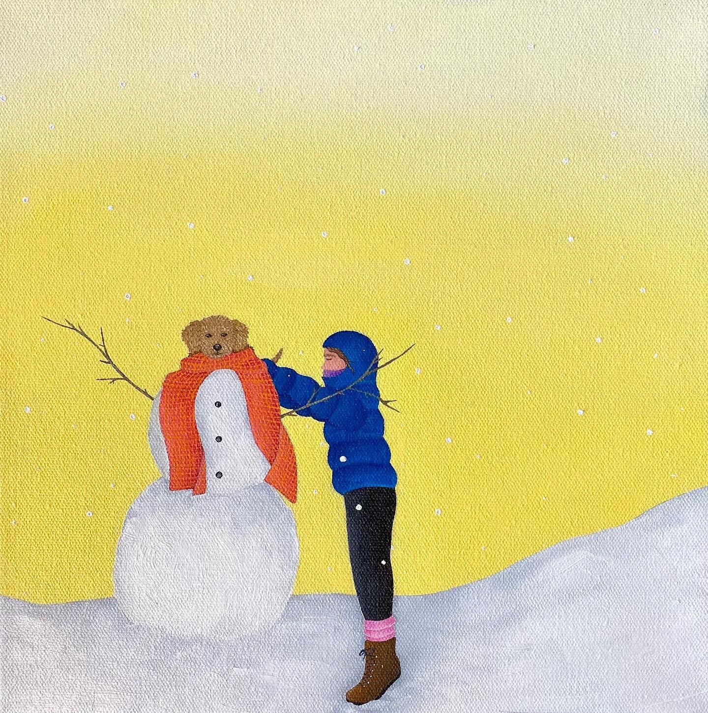 This little painting is looking for a home! &ldquo;Snowpuppy&rdquo; 12x12in 💛
