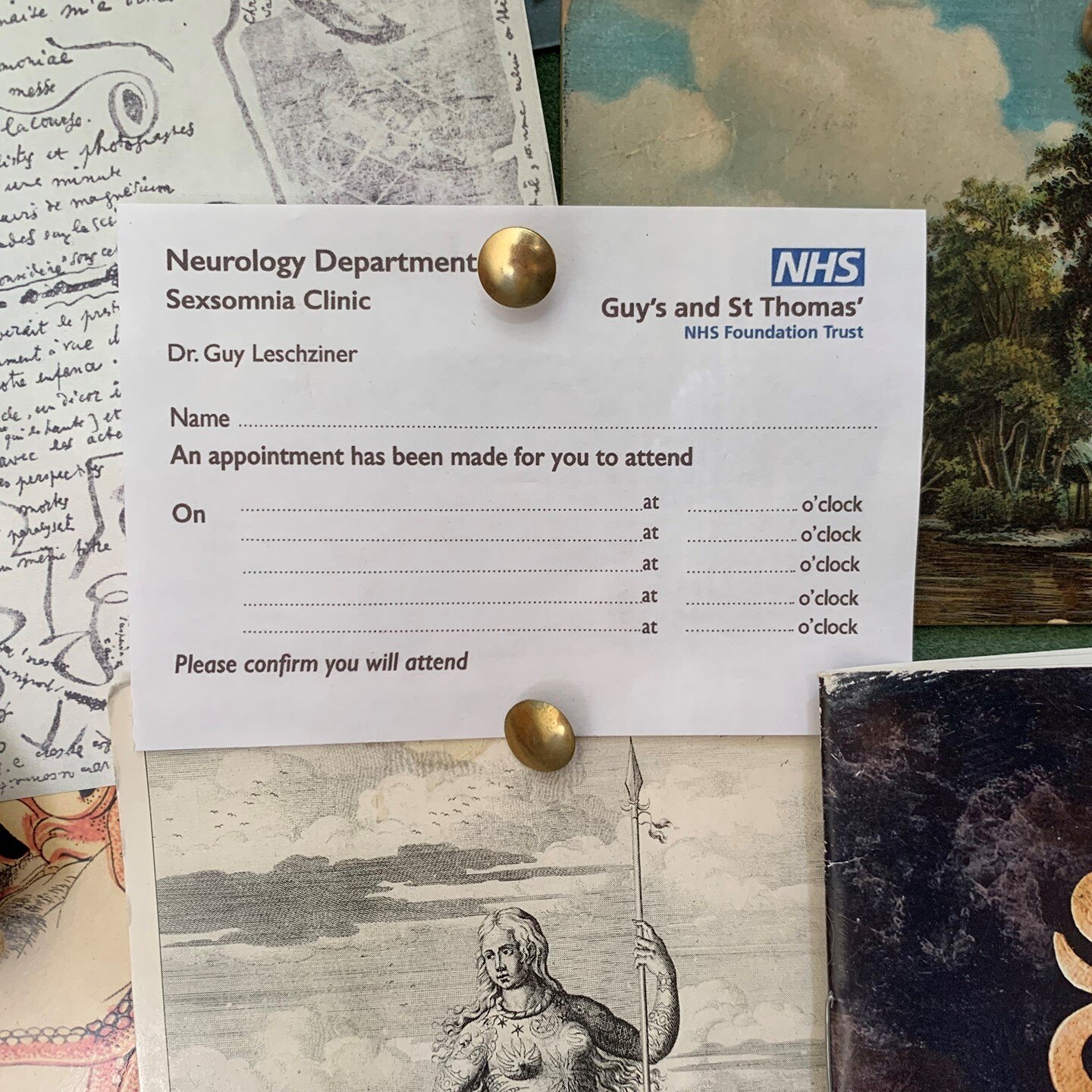 The Keeper's notice board has an array of curious miscellaneous items pinned to it.⁠
⁠
Today our eye is drawn to a lost appointment card for a Sexsomnia Clinic.⁠
⁠
Sexsomnia is a rare type of parasomnia sleep disorder, where an individual engages in 