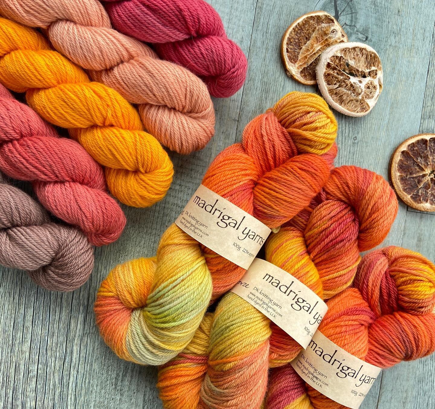 My second pairing of Autumn Bronze is this very fiery collection of hot shades. Do you dare? Because if you do I&rsquo;ll take you there. Solo colours L-R are Kitaen, Ocharina, Ambular, Peach, Claret. Madrigals are Autumn Bronze #yarnstore #knitterso