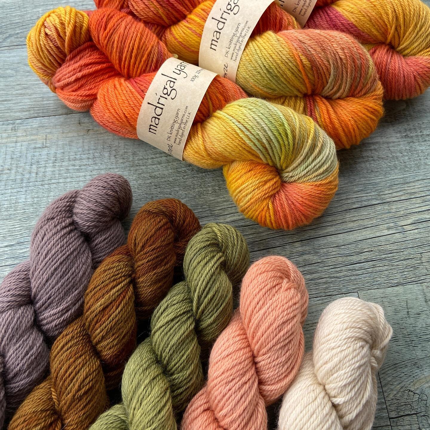 My final colour match for my heavenly Autumn Bronze involves (L-R) Cedar, Apollo, Willow, Peach, Linen. All shades available in store in beautiful mulesing free merino wool. Over 50 madrigal colourways in 100g skeins plus 30 solid solo colours in 50g