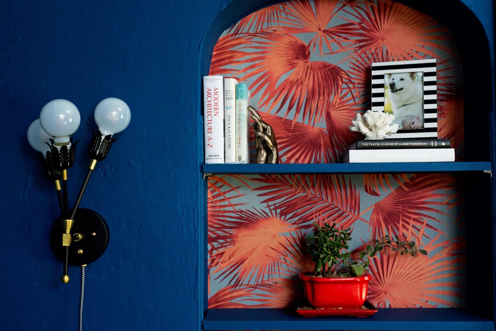 21 Blue room regatta Sherwin Williams red palm wallpaper built in bookshelf painted blue.jpg