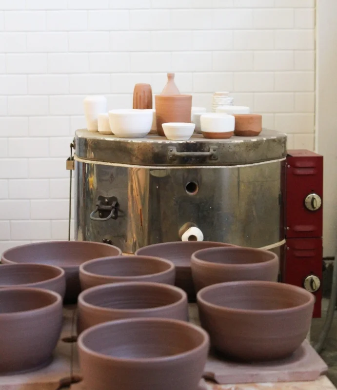 Pots drying in the warm studio, almost ready for the kiln!