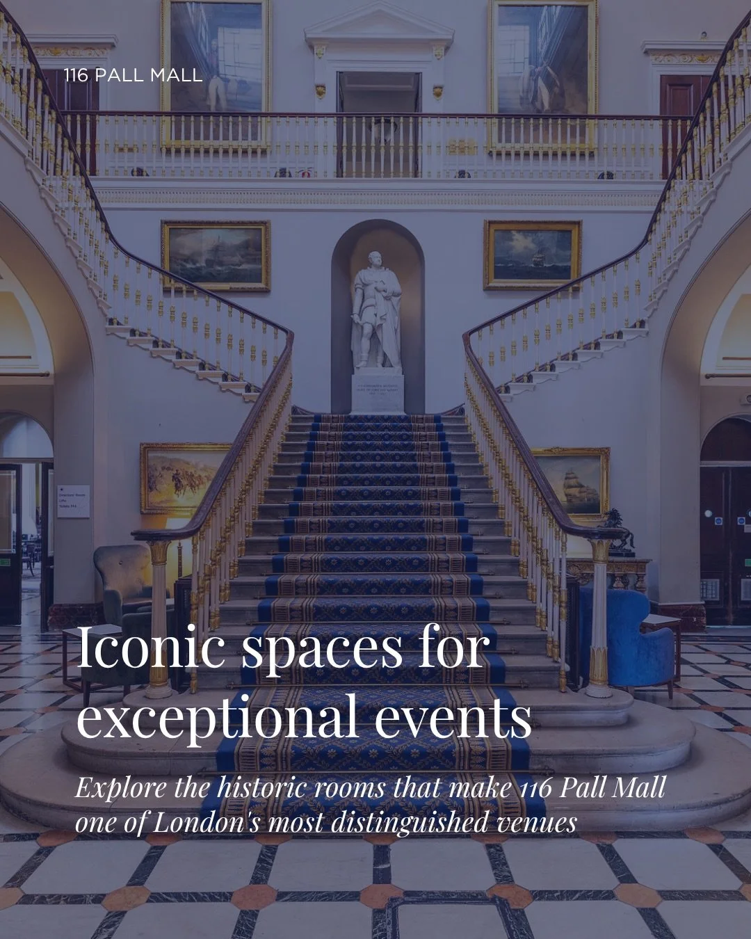 From the grandeur of The Nash and the iconic Carlton Room to the vaulted Champagne Bar, swipe to explore the historic spaces that make 116 Pall Mall one of London&rsquo;s most distinguished venues.
