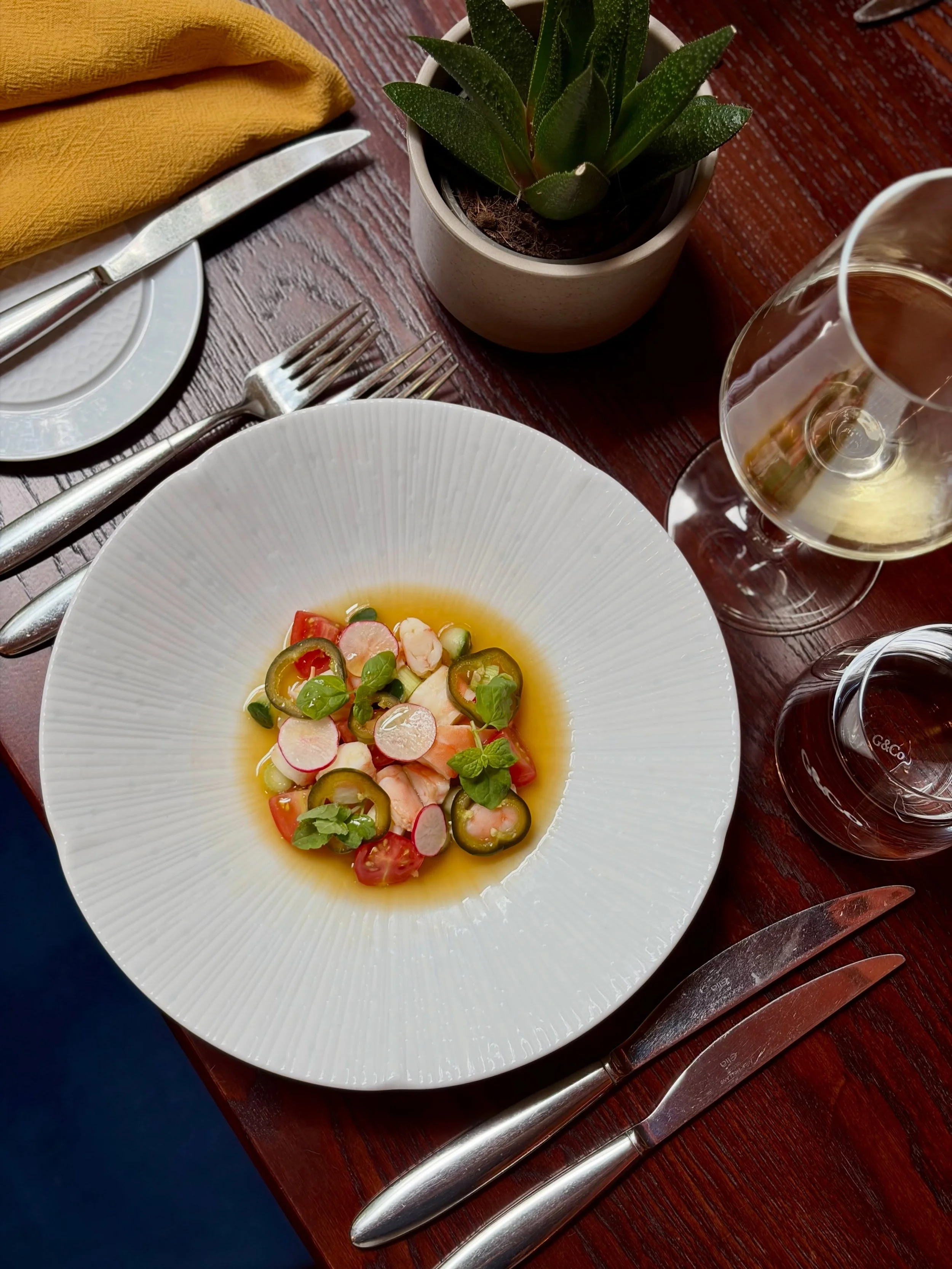 Prawn ceviche, picked jalape&ntilde;o, radish and a bright citrus and honey broth - light, refreshing and now part of our new summer menu at the Brasserie @bysearcys