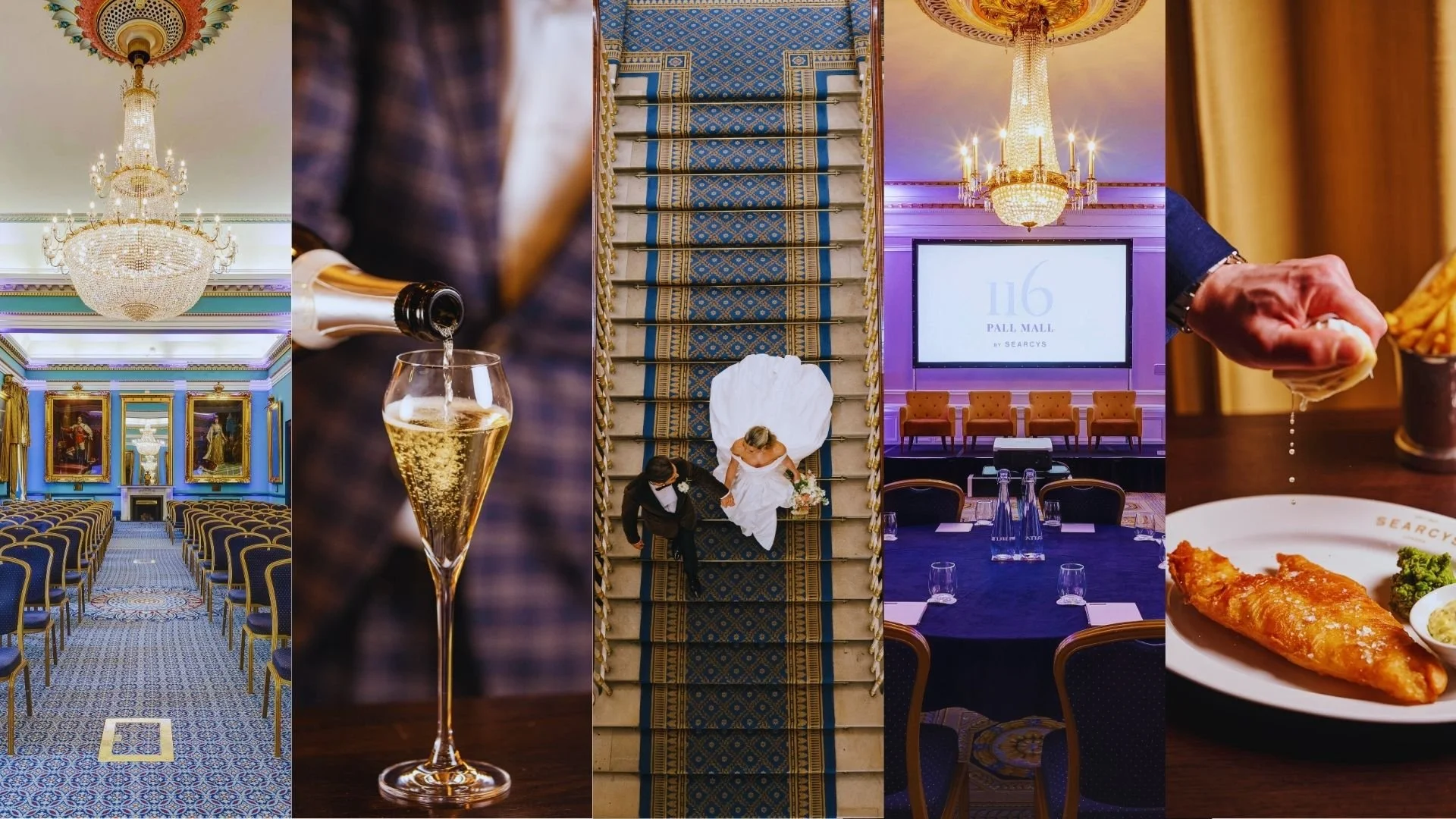 A collage of 5 images with The Nash, a glass of champagne, a couple at their wedding, a meeting room and searcys fish and chips