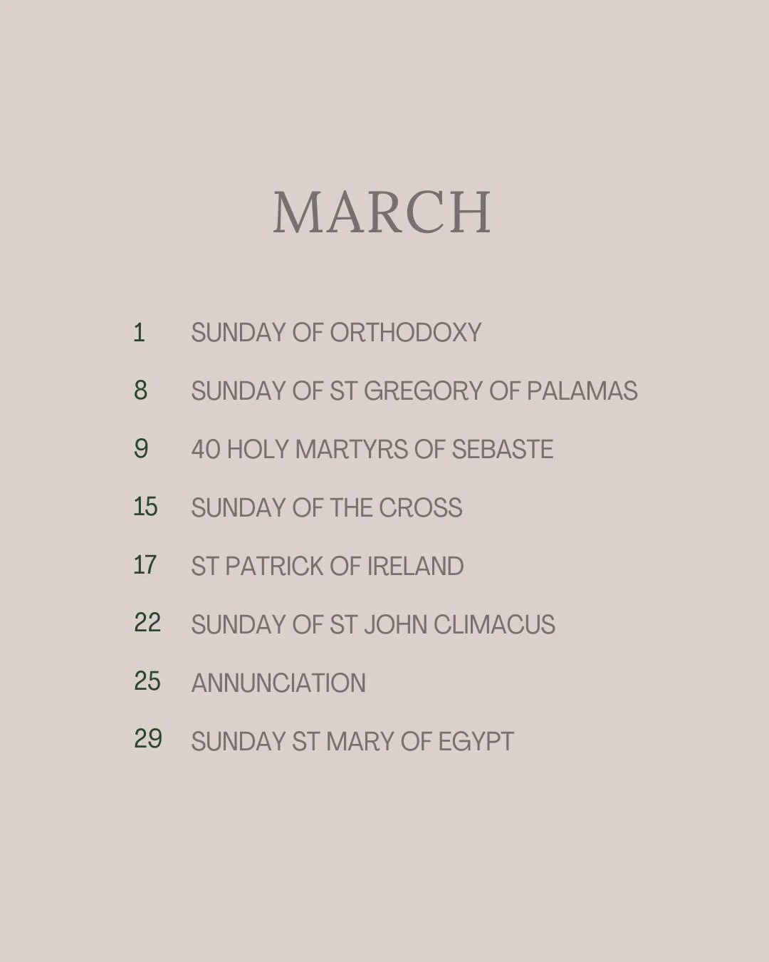 March is around the corner! Here's a little heads up on what's coming up this coming month in the liturgical calendar in the Orthodox Church!

You'll find links in my profile for many of these resources, including a list of seeds used for a Mary Gard