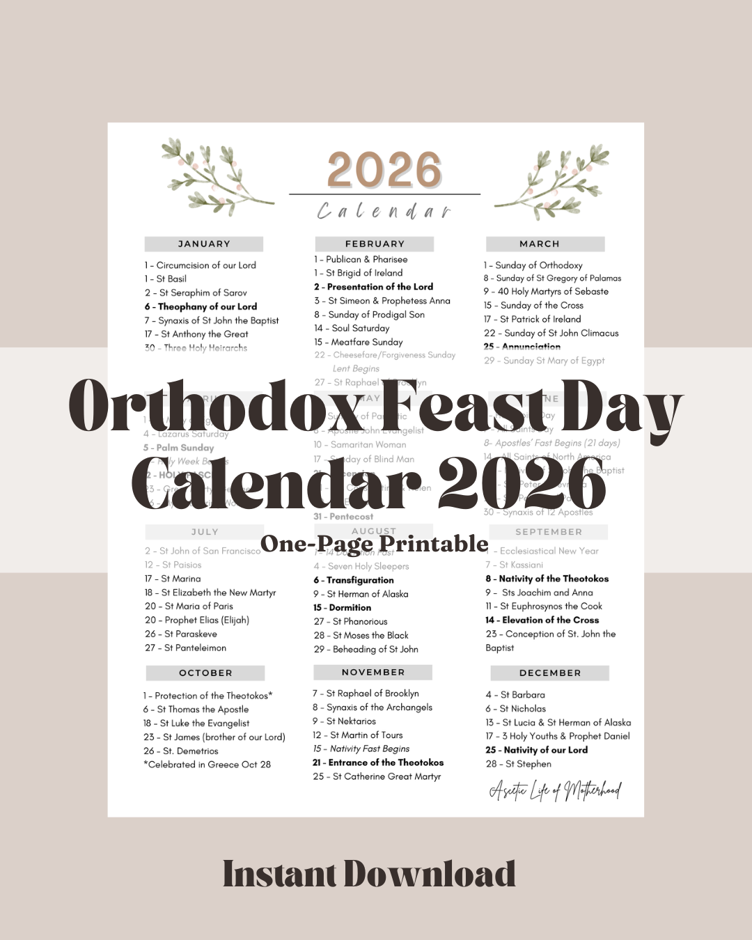 Orthodox Feast Day Calendar 2026 (One-Page Printable)