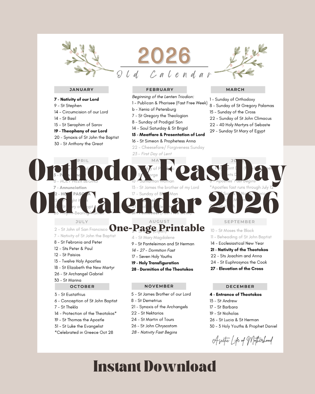 *Old Calendar* Orthodox Feast Day Calendar 2026 (One-Page Printable)