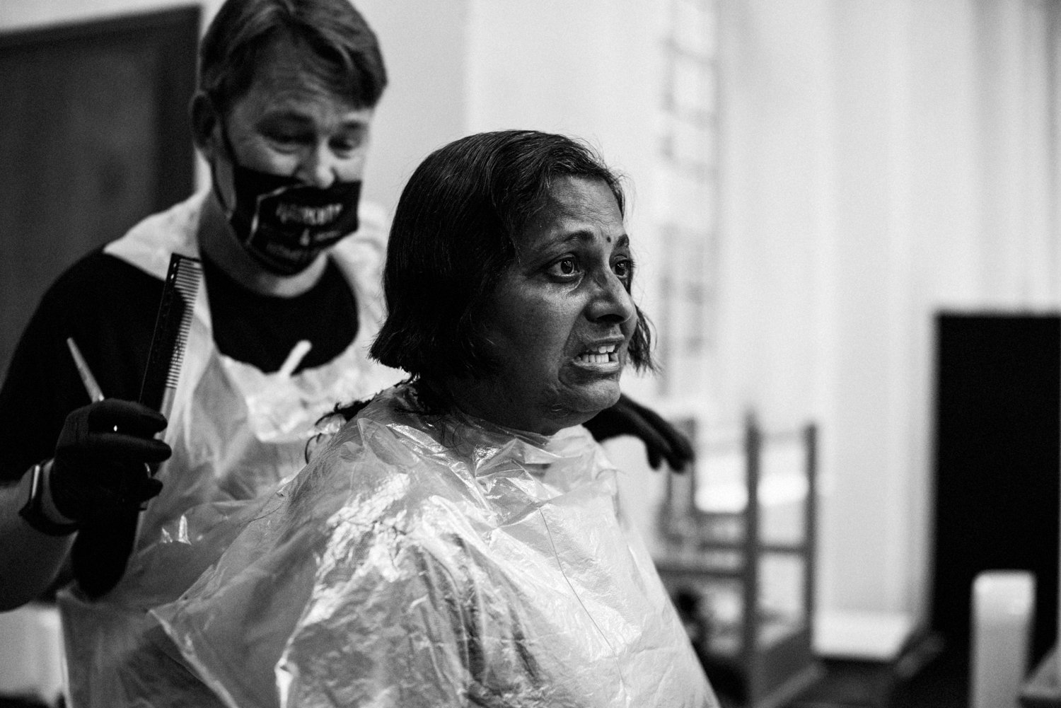 Giving haircut to Woman