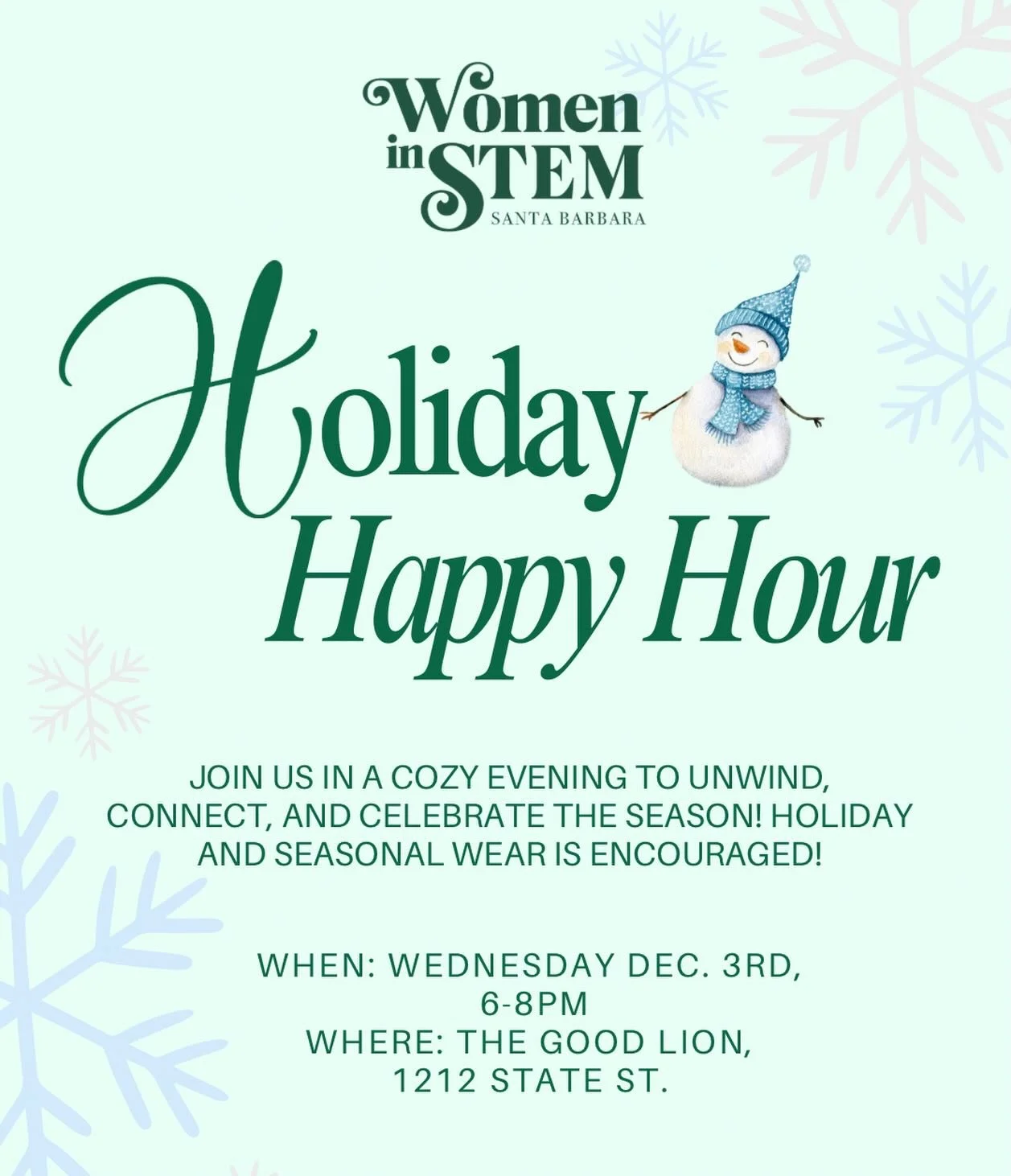 Join us for our annual Holiday Happy Hour at The Good Lion! Holiday and seasonal wear is encouraged!  Free to attend (no-host bar). Must be 21+. Open to all genders and industries. Non-alcoholic options will be available