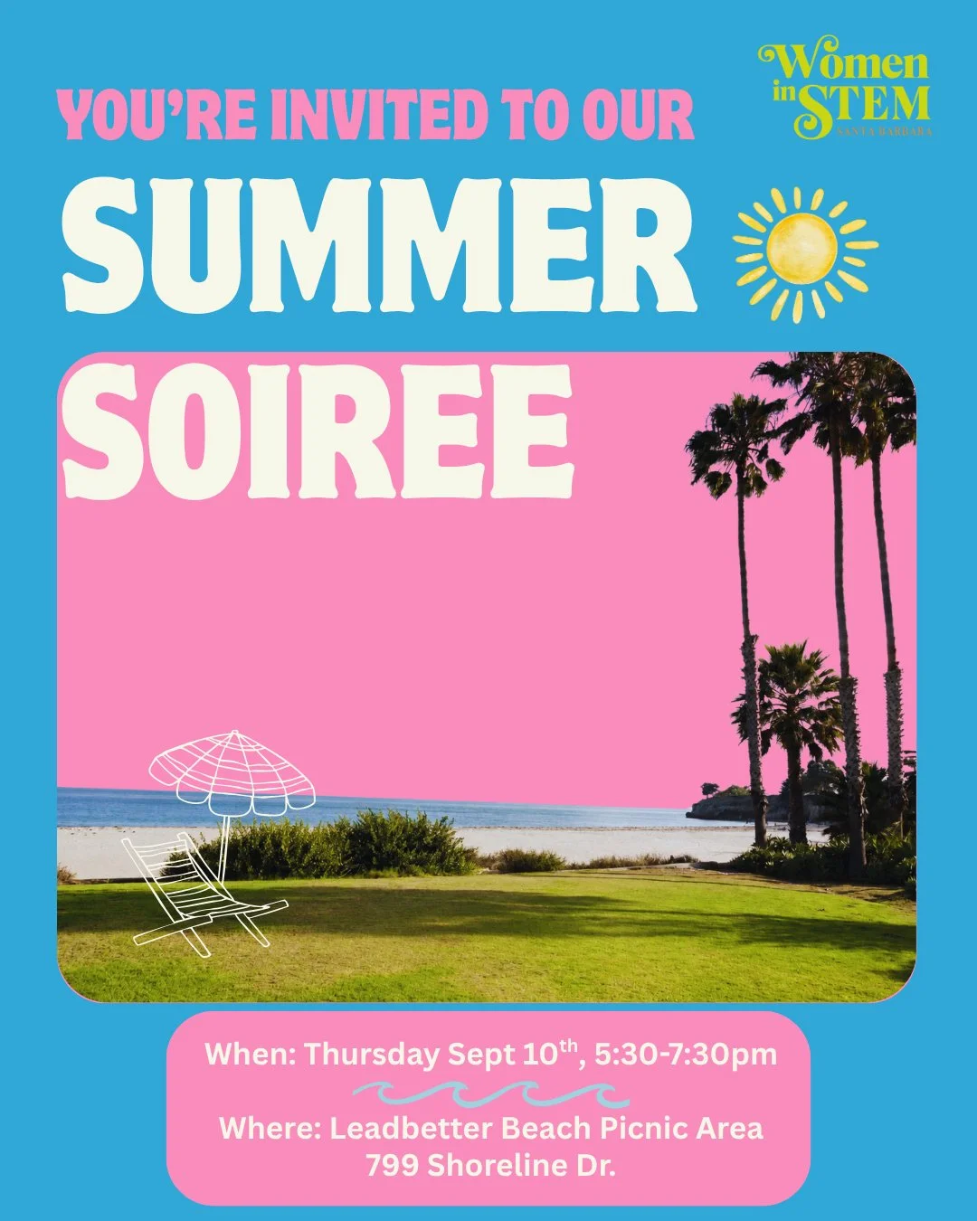 Let's catch the last golden days of summer at Leadbetter Beach for our Annual Summer Soiree!
Join us for a warm evening by the water with a taco bar, NA drinks, lawn games, and good company. Bring a chair or blanket to relax on the grass &mdash; and 