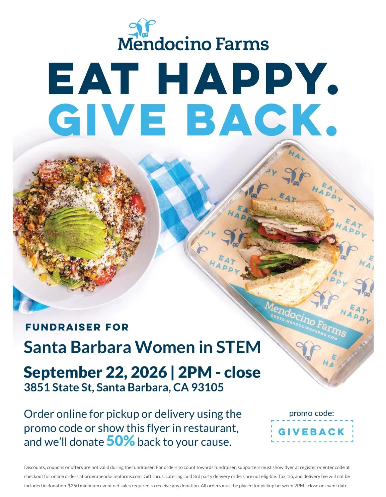 Eat for a Cause! Support Santa Barbara Women in STEM!
Join us at Mendocino Farms for a delicious way to support our local STEM community!
On September 22nd from 2 PM until close, Mendocino Farms will donate 50% of qualifying proceeds to Santa Barbara
