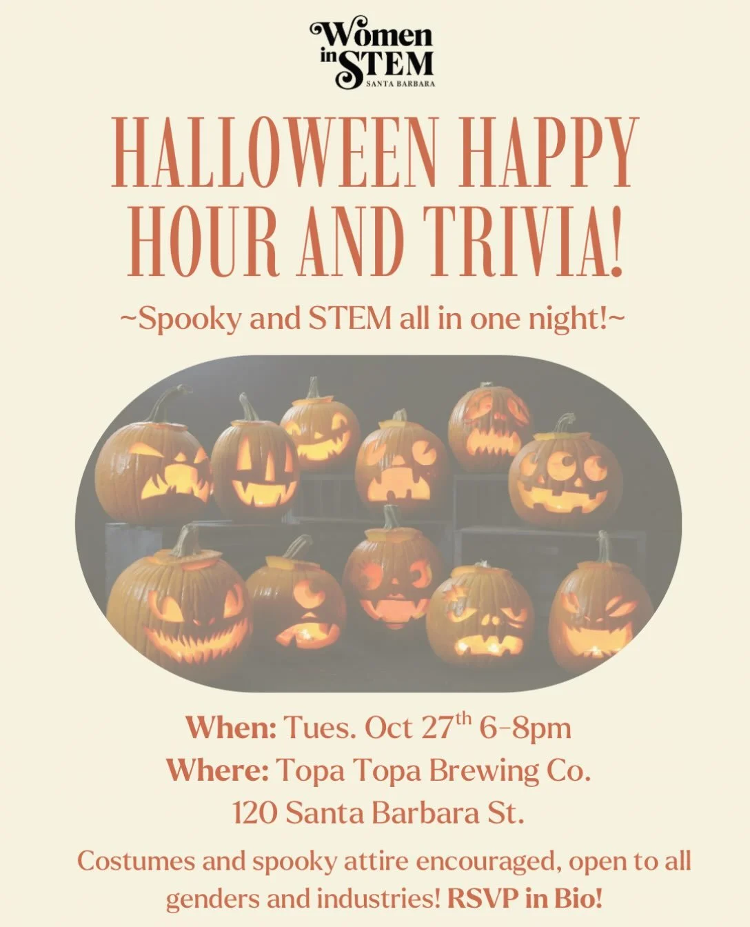 Join us for a festive evening with Halloween Trivia and community at Topa Topa Brewing Co.! Come test your knowledge, enjoy some festive fun, and mingle!
Costumes and spooky themed attire are encouraged! Open to all genders and industries! RSVP in bi