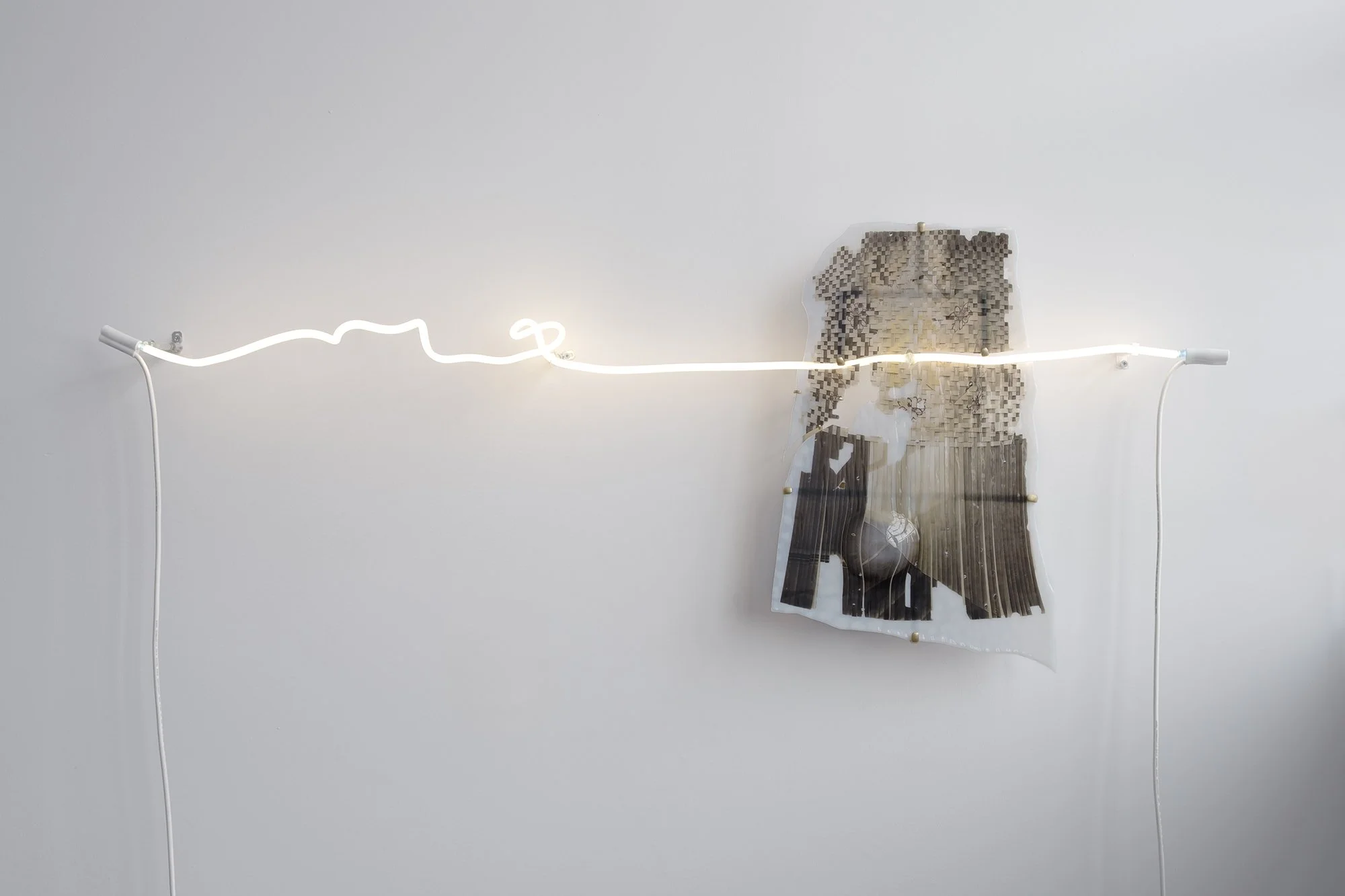 Bodiless Travels V (his body shrouded by lotus petals in hanji, light entering studio in Connecticut)