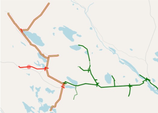 Figure 5: A fault has occurred. The solid red line indicates a line without power. The red line surrounded by green indicates a line where power can be restored by isolating the fault. The red dot is the fault position.