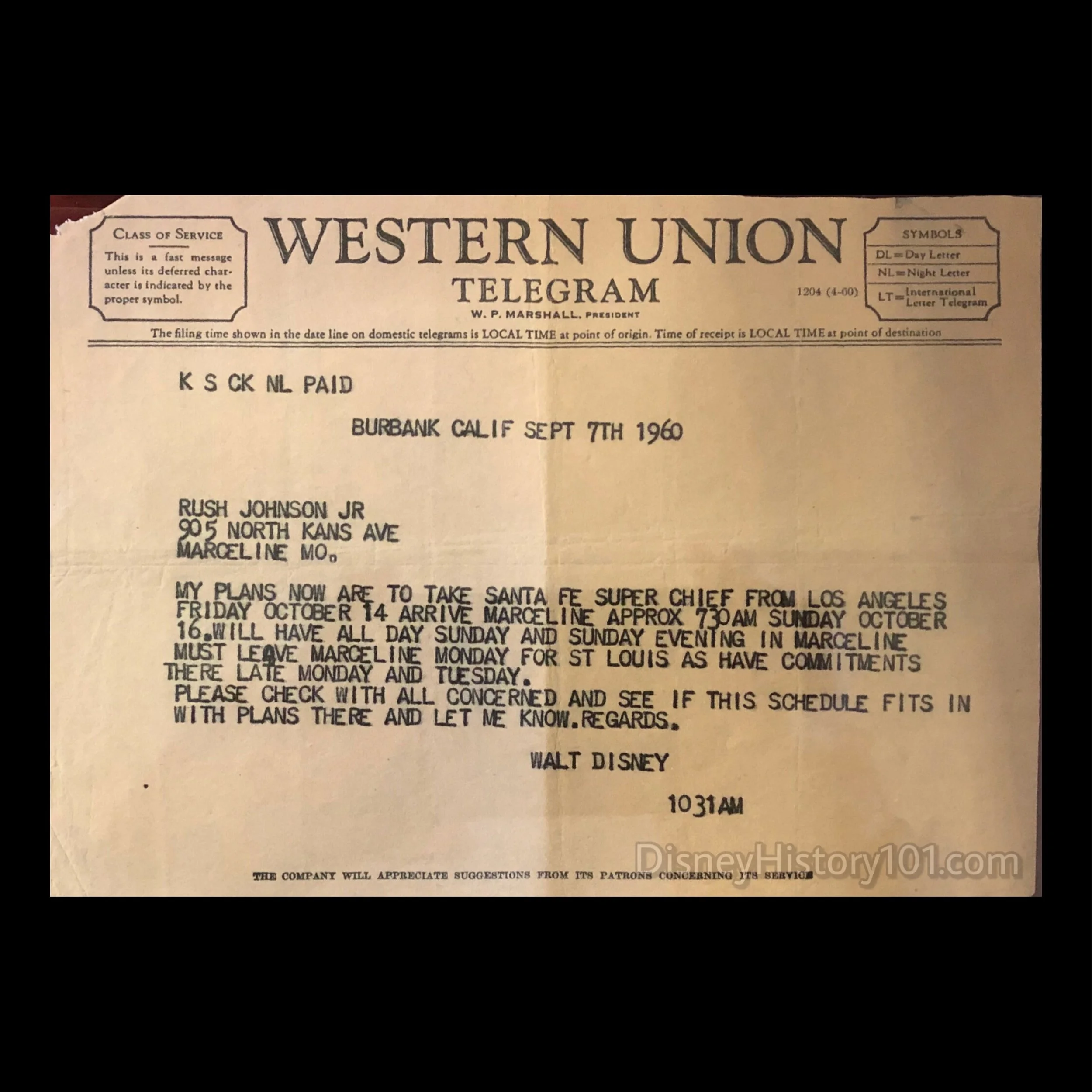 WALT DISNEY conveys his travel arrangements to his friends in Marceline.