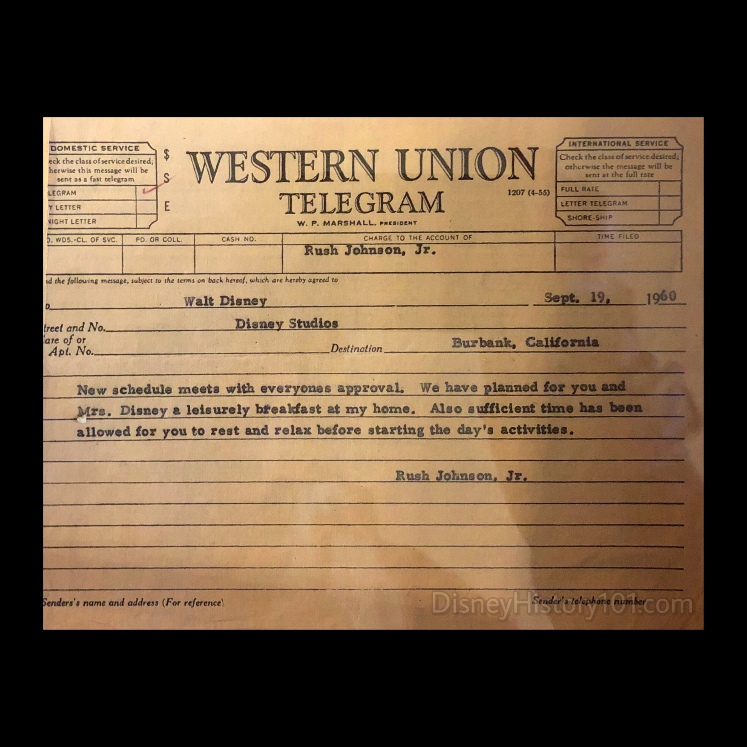  RUSH JOHNSON confirms the arrangements, and assures the Disneys of their comfortable accommodations.   