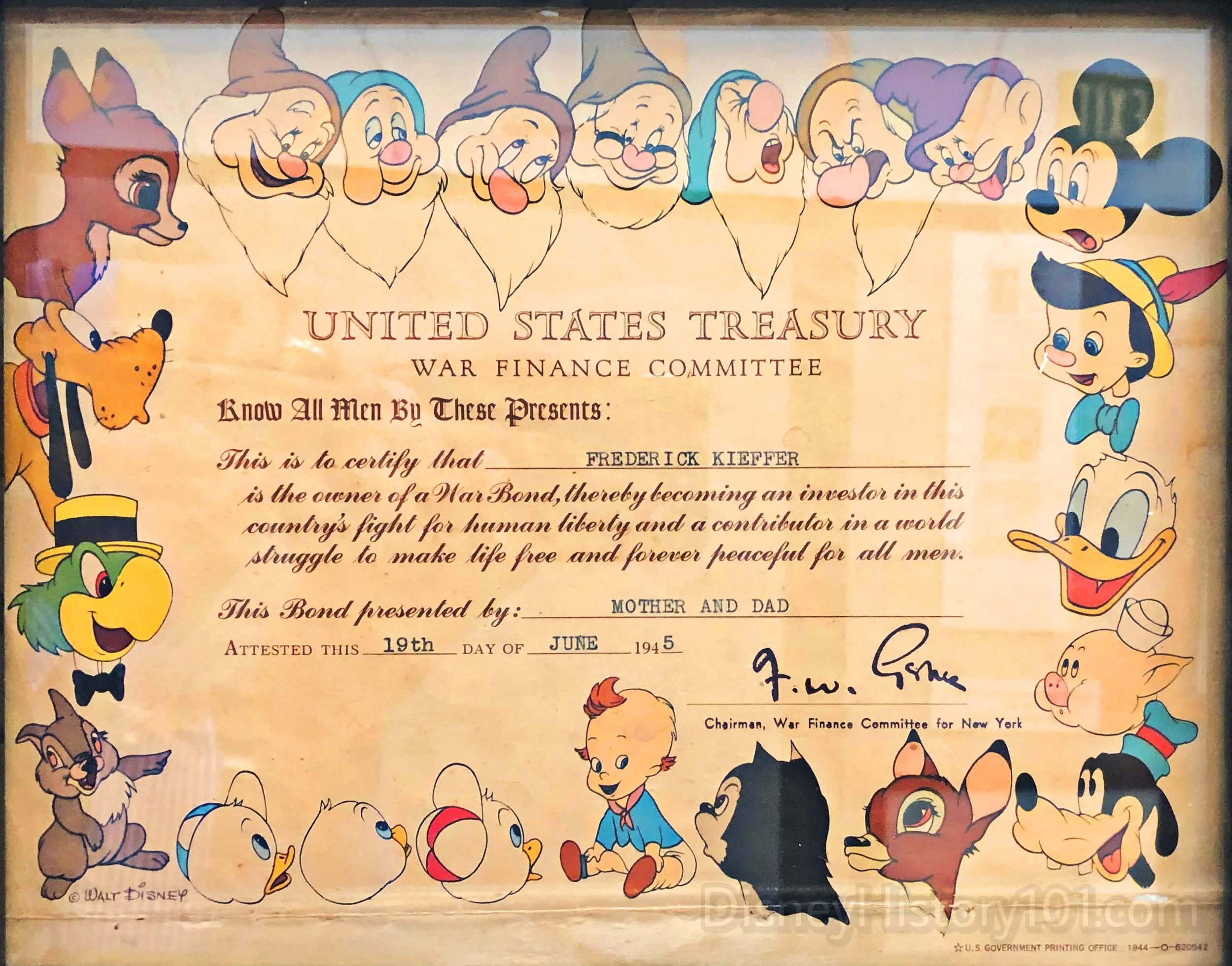  This limited debt security issued by the United States government is dated by it’s many Walt Disney Studios characters featured - including Baby Weems (from the wartime release The Reluctant Dragon, 1941), Bambi (from the 1942 film of the same name)