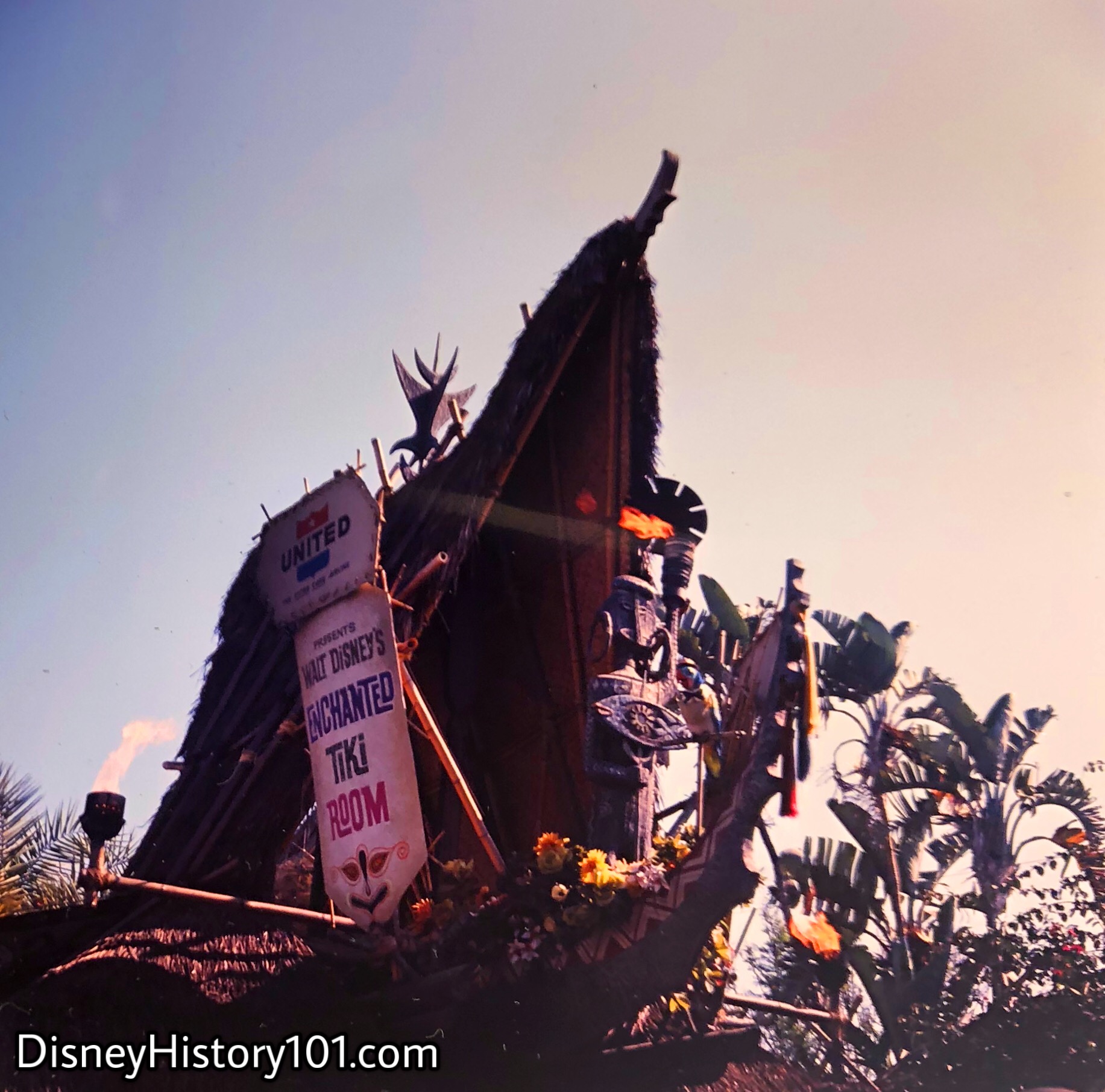 Juan the Barker Bird above the "A" Frame Entrance to Walt Disney's Enchanted Tiki Room