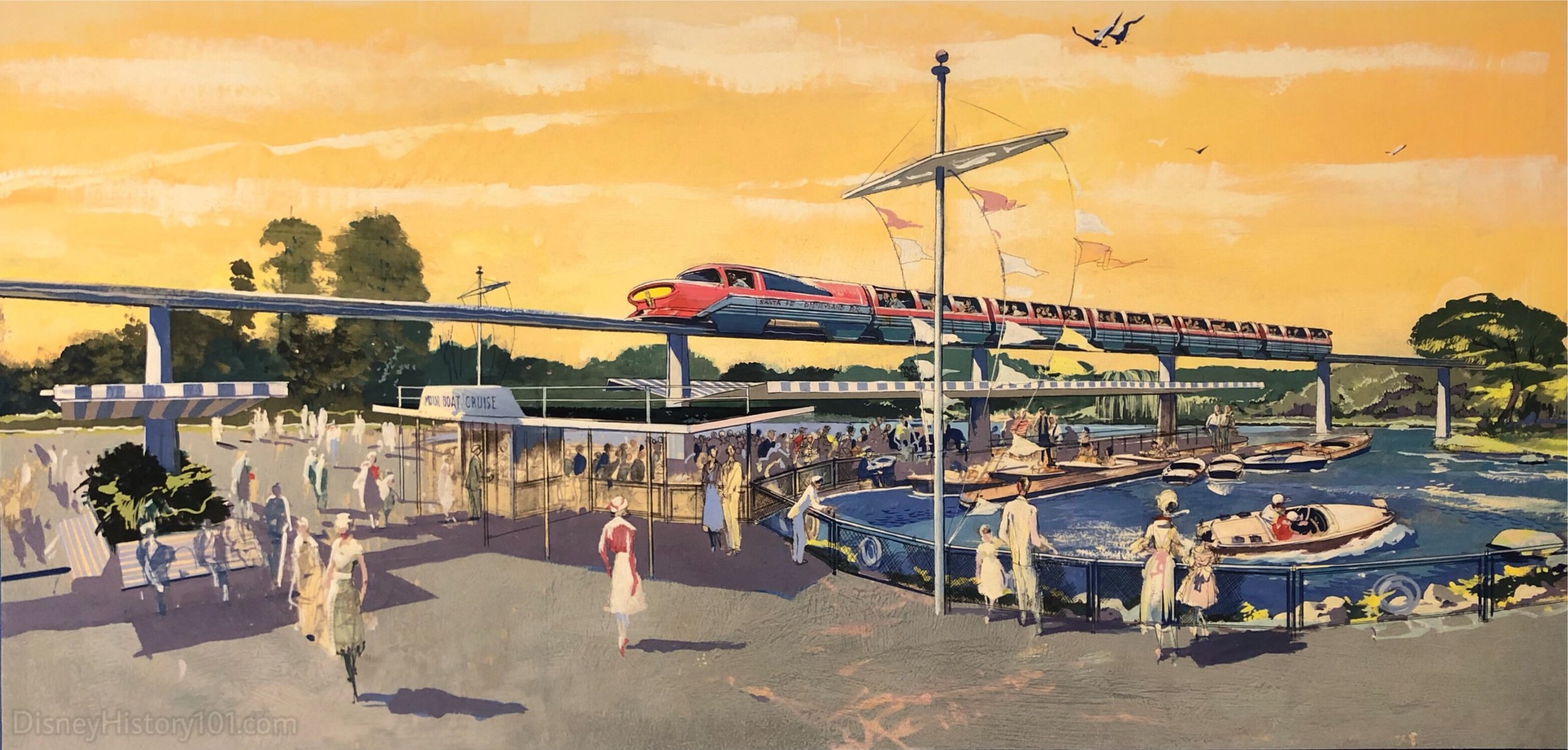 Herb Ryman's "Monorail" (or "Elevated Viewliner"), originally suggested in acrylic and pen, c. 1958 ; From the collection of Walt Disney Imagineering