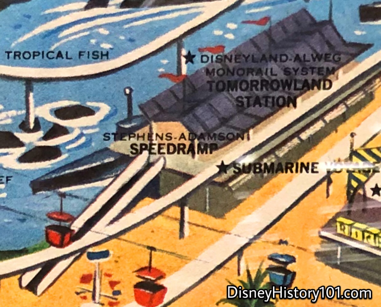 The efficient “Stephens-Adamson Speedramp” at Tomorrowland Monorail Station, (1961 Map Excerpt)