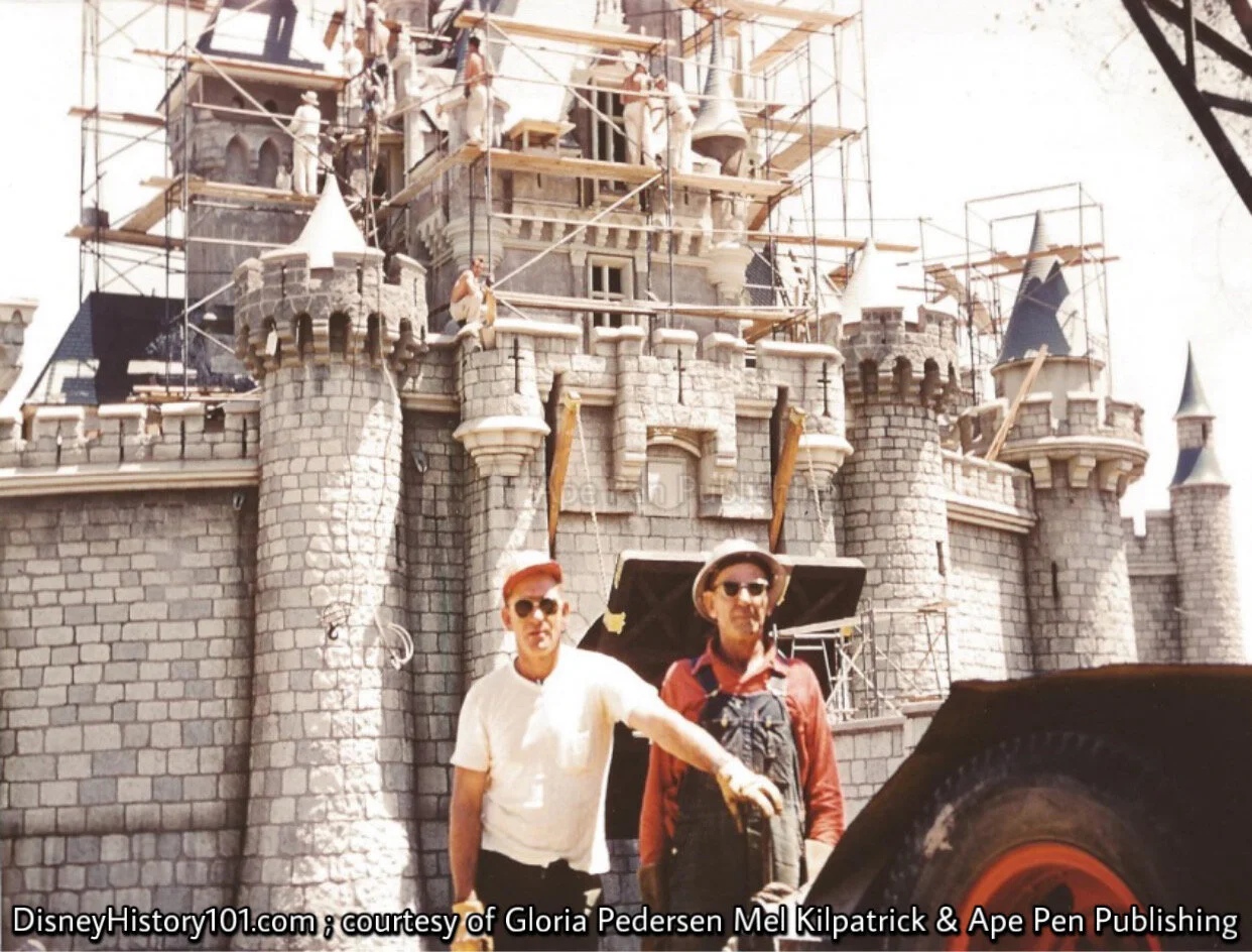 As Masterson Scaffolding Rises Behind, Two of Four A.E. Fowler and Sons Crane Operators - Ivan Myrick and "Bonie" Bonebreak, c. 1954 ; photo by Mell Kilpatrick