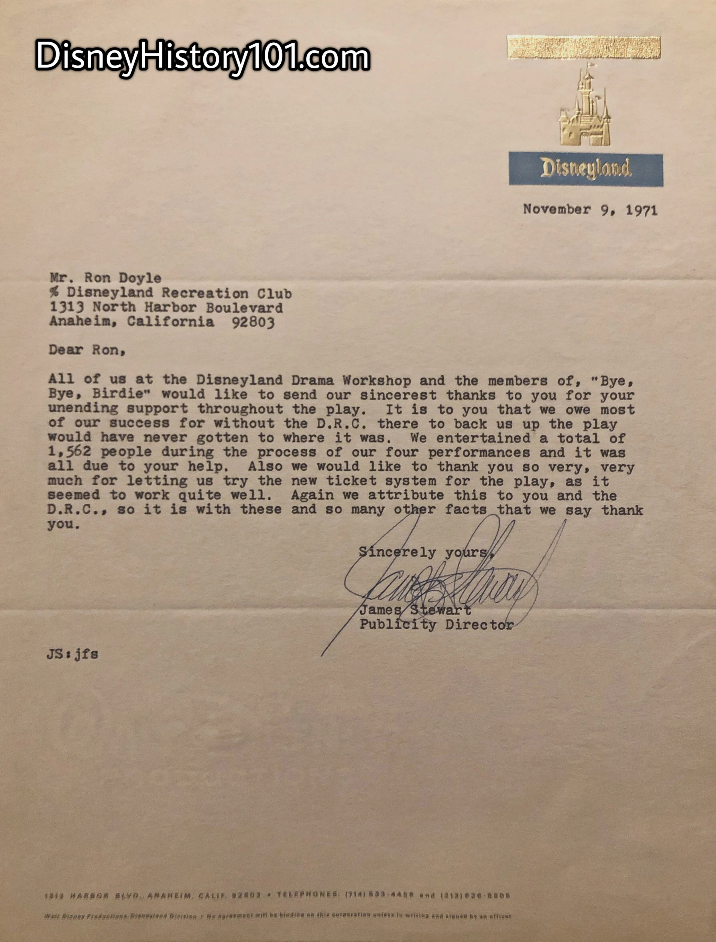 Letter From James Stewart to Ron Doyle