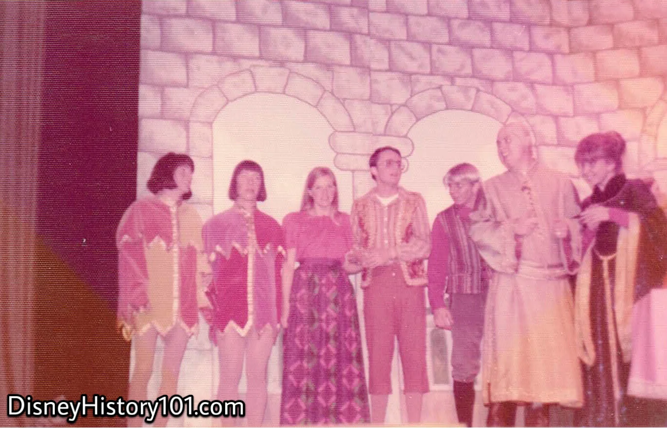 Rumplestiltskin Rehearsal on the Fantasyland Theatre Stage, 1972 - (from left to right) : unknown, unknown, unknown, Nelson Campbell, Kevin Treischel, Don Payne, and Rhonda Treischel