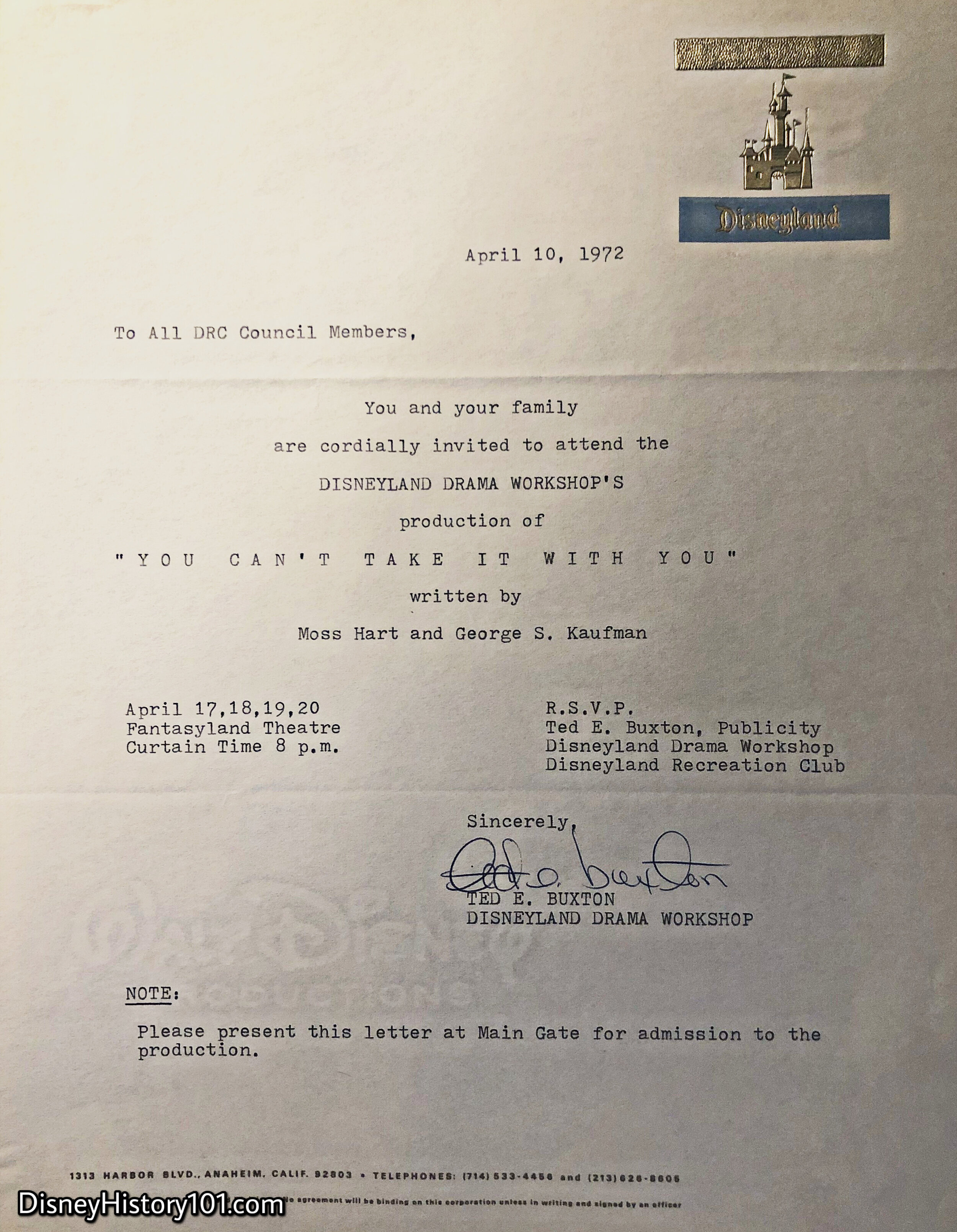 Letter to Disneyland Recreation Club Council Members, 1972