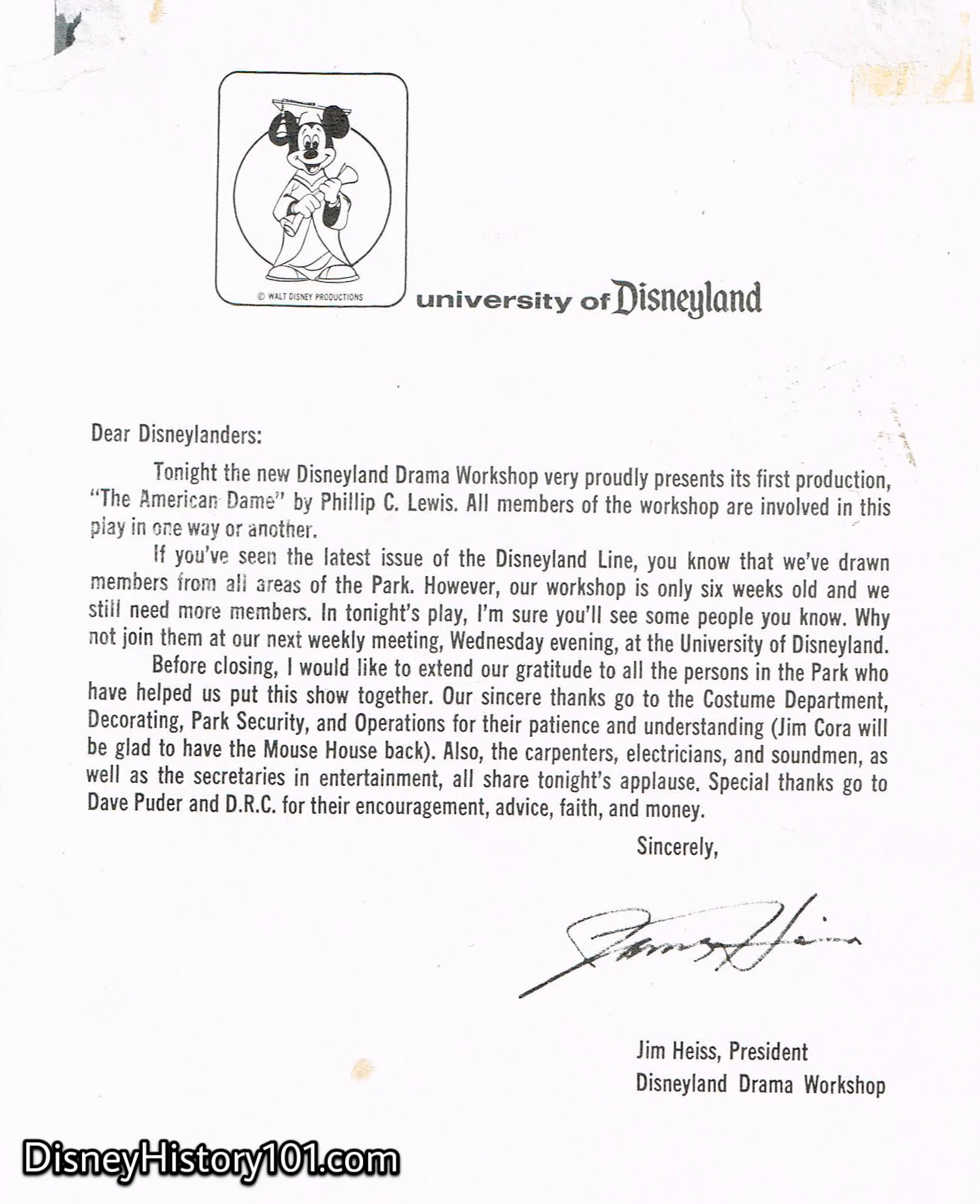 Letter From Jim Heiss (Disneyland Drama Workshop President), (1970)
