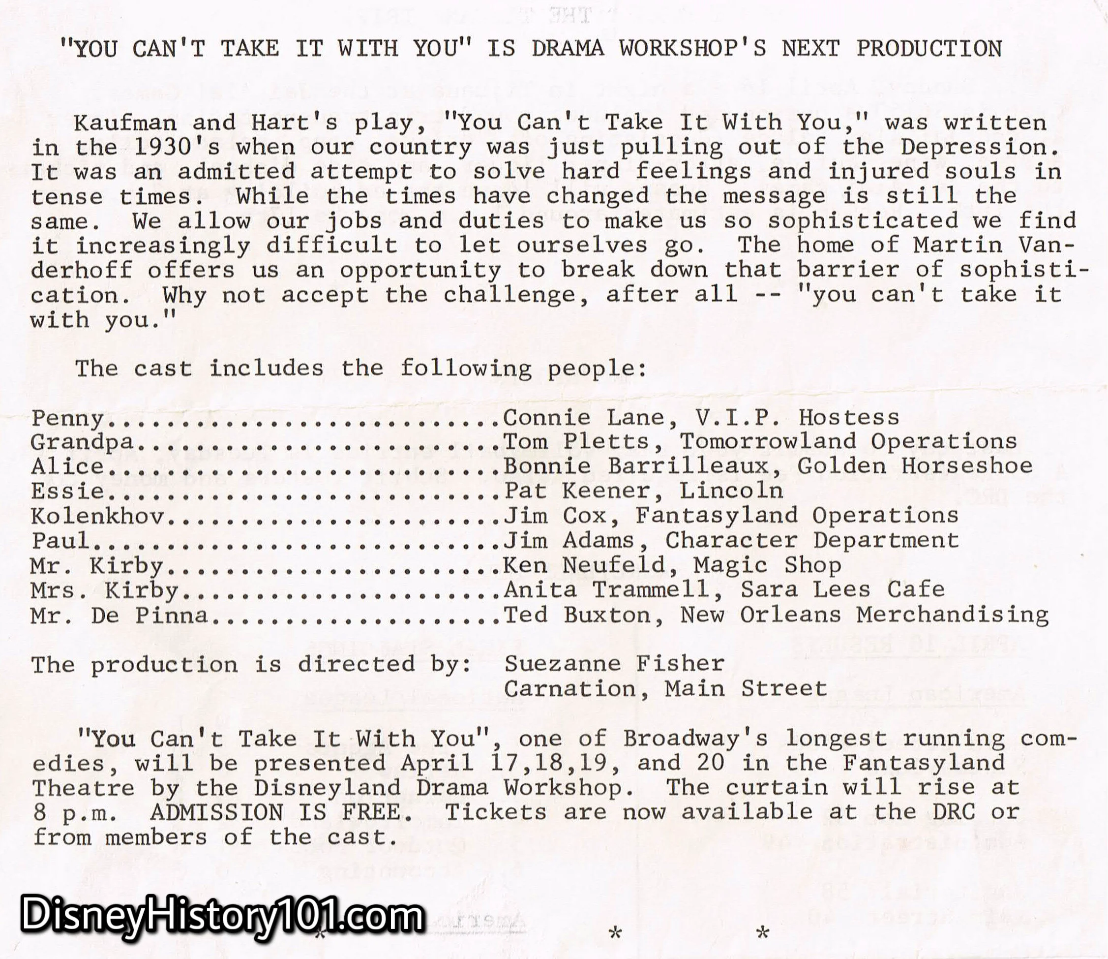 "You Can't Take It With You" Announcement (published in Disneyland LINE), 1972