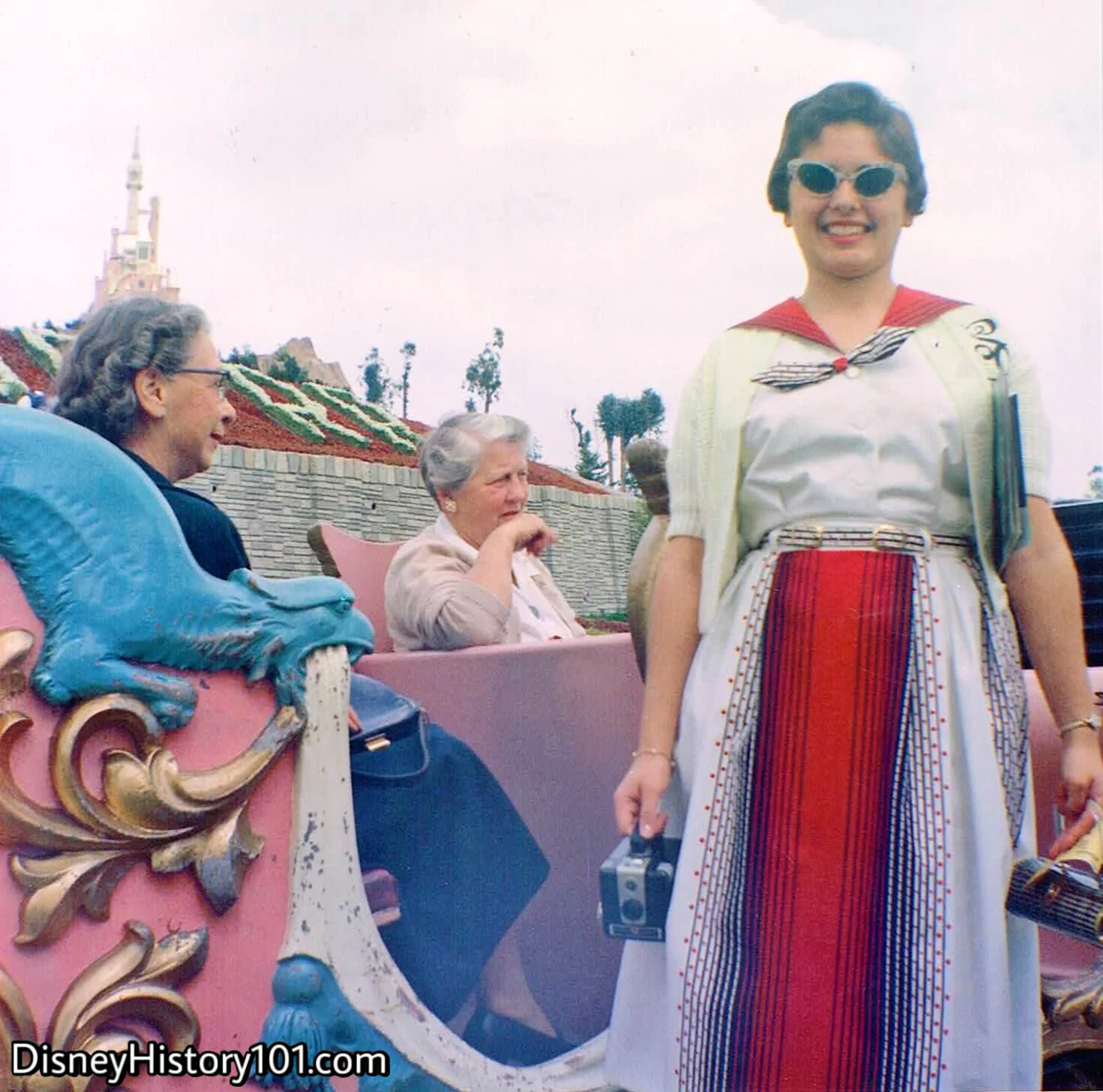 Disneyland Guest & Casey Jr. Circus Train and Chariot, at “the Happiest Place on Earth,” April 5, 1958.