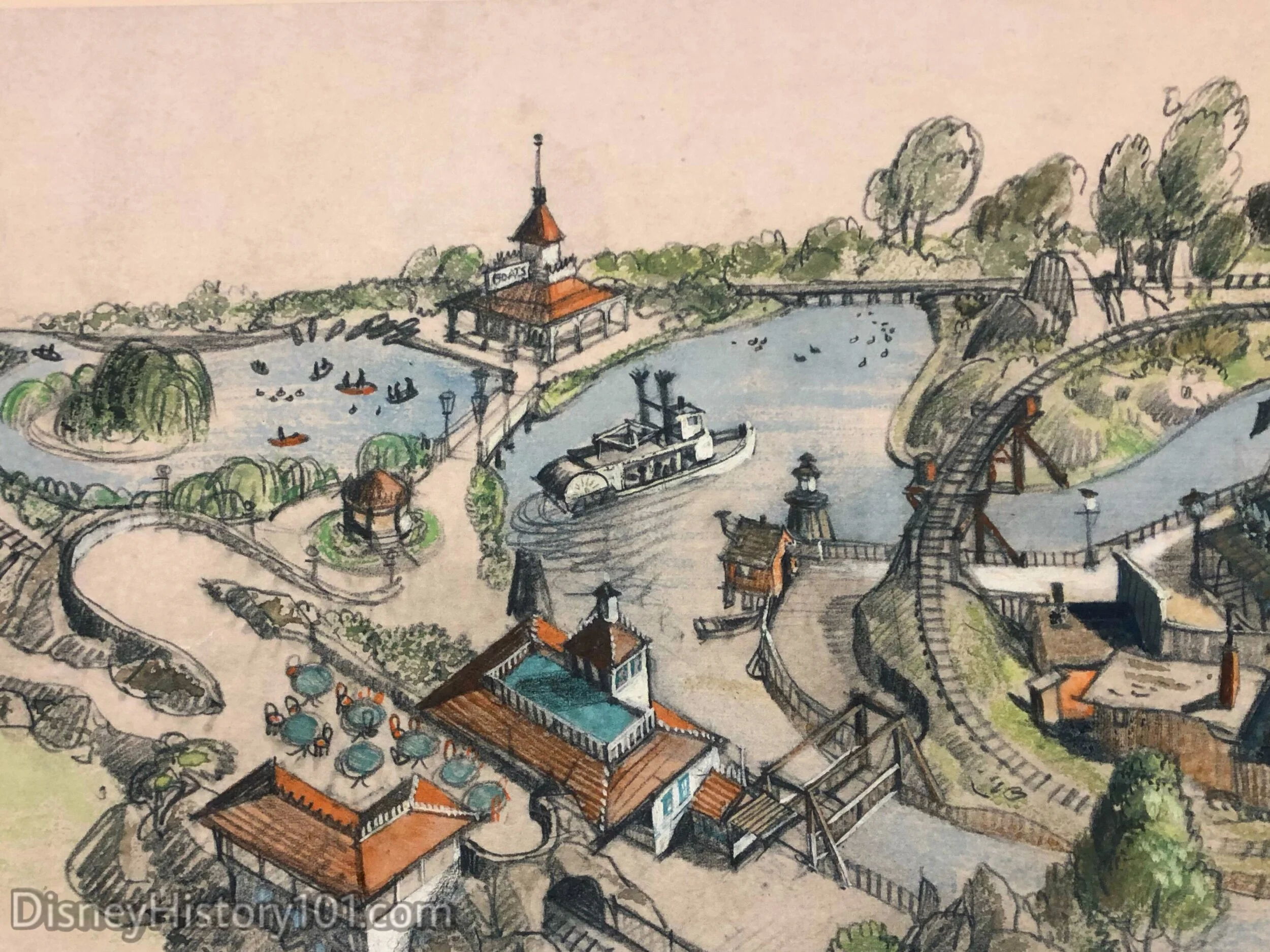 A paddlewheel steamboat is depicted in a Mickey Mouse Park concept created by Harper Goff, c.1951