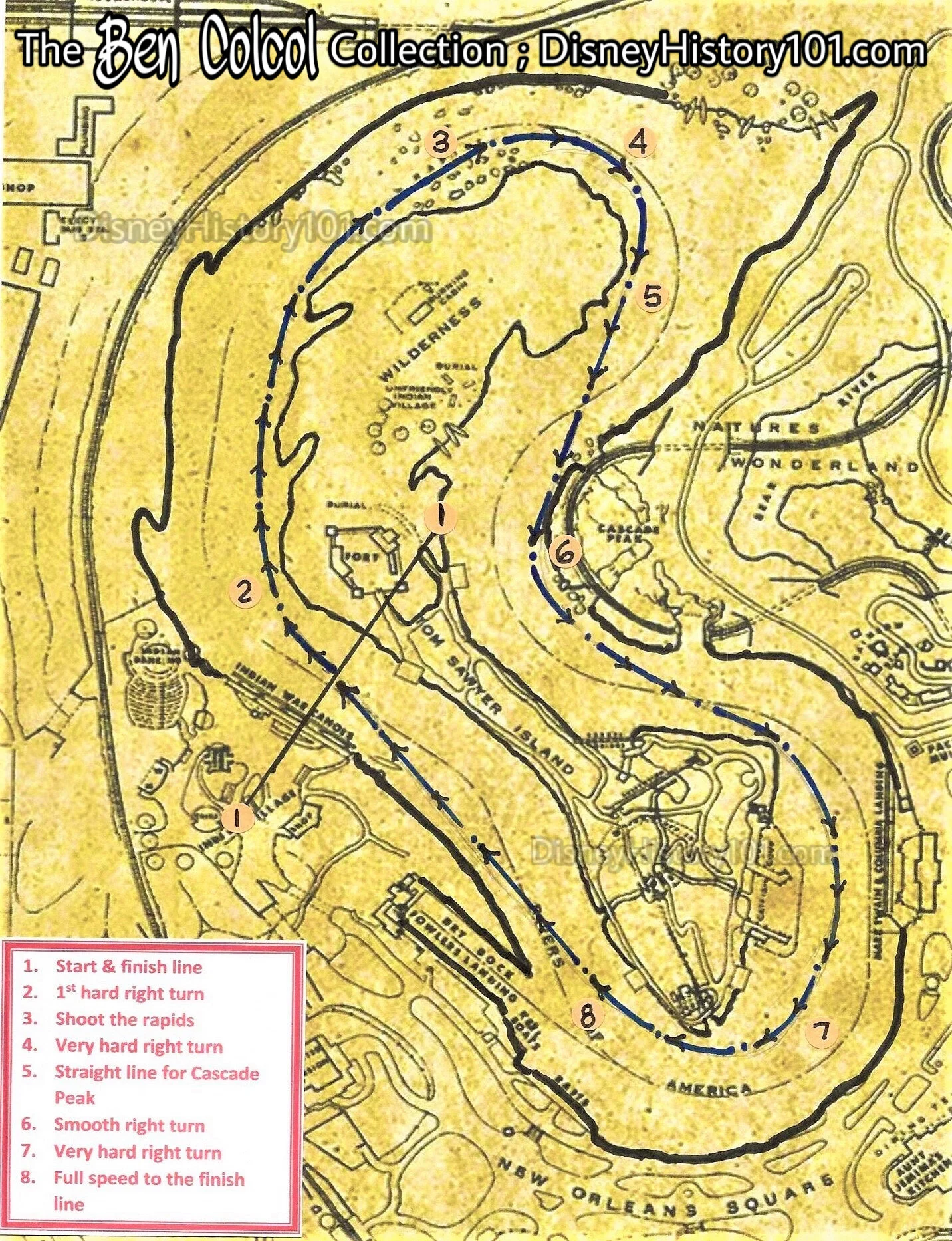  Each team started and finished at the  Davy Crockett’s Explorer Canoe  docks. Each canoe started about 1-minute intervals rowing the entire course around  Tom Sawyer Island . The teams were timed individually. 