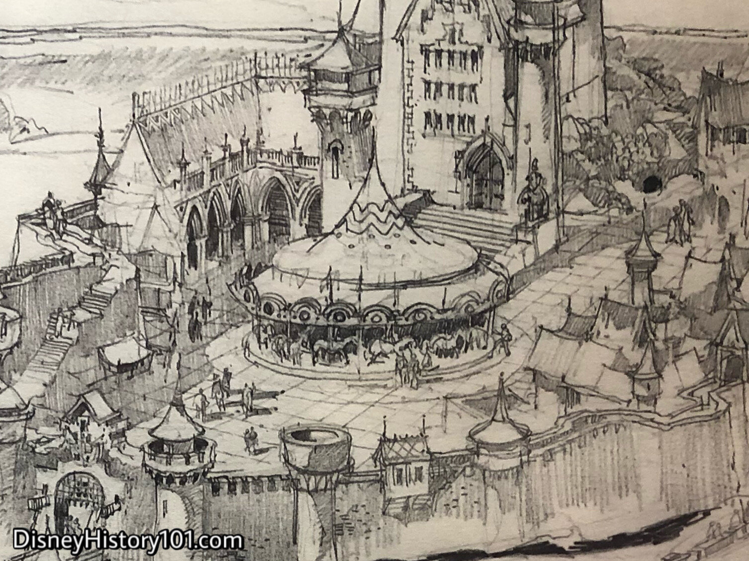 “Draw Concept” - A Bavarian castle like King Ludwig's is depicted in "Aerial Over Disneyland" Drawing by Herbert Ryman, originally produced September 26 & 27, 1953.