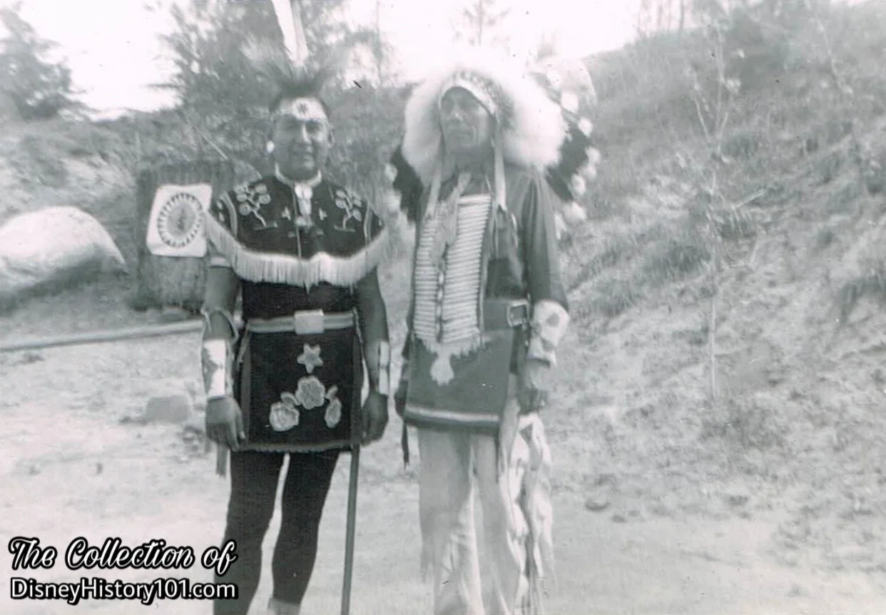 Louis Heminger - "Chief Shooting Star" (right), and unamed Disneylander (left) at the original Indian Village Ceremonial Dance Circle